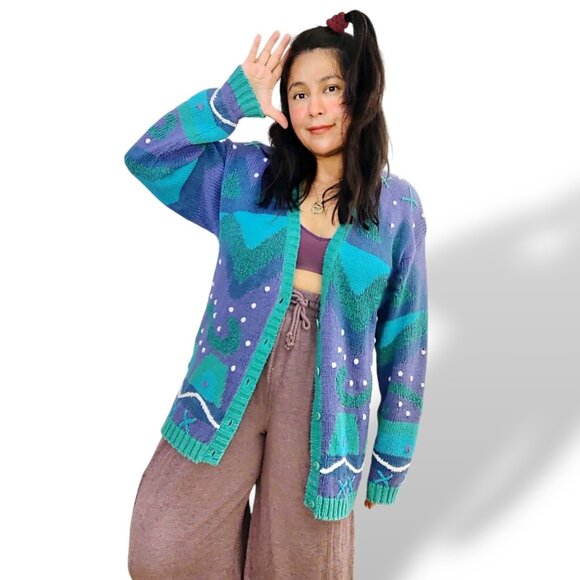 Secrets Sun Prints vintage 90's funk geo pattern chunky knit cardigan M - Picture 2 of 6
